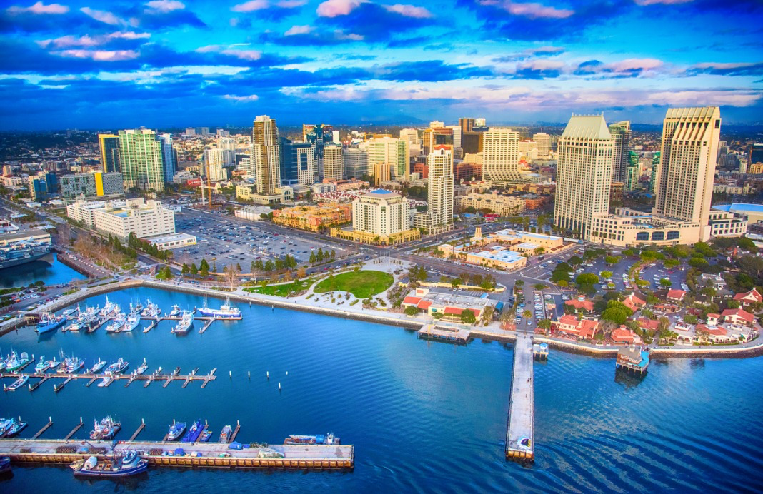 Aerial view of San Diego harbor and downtown